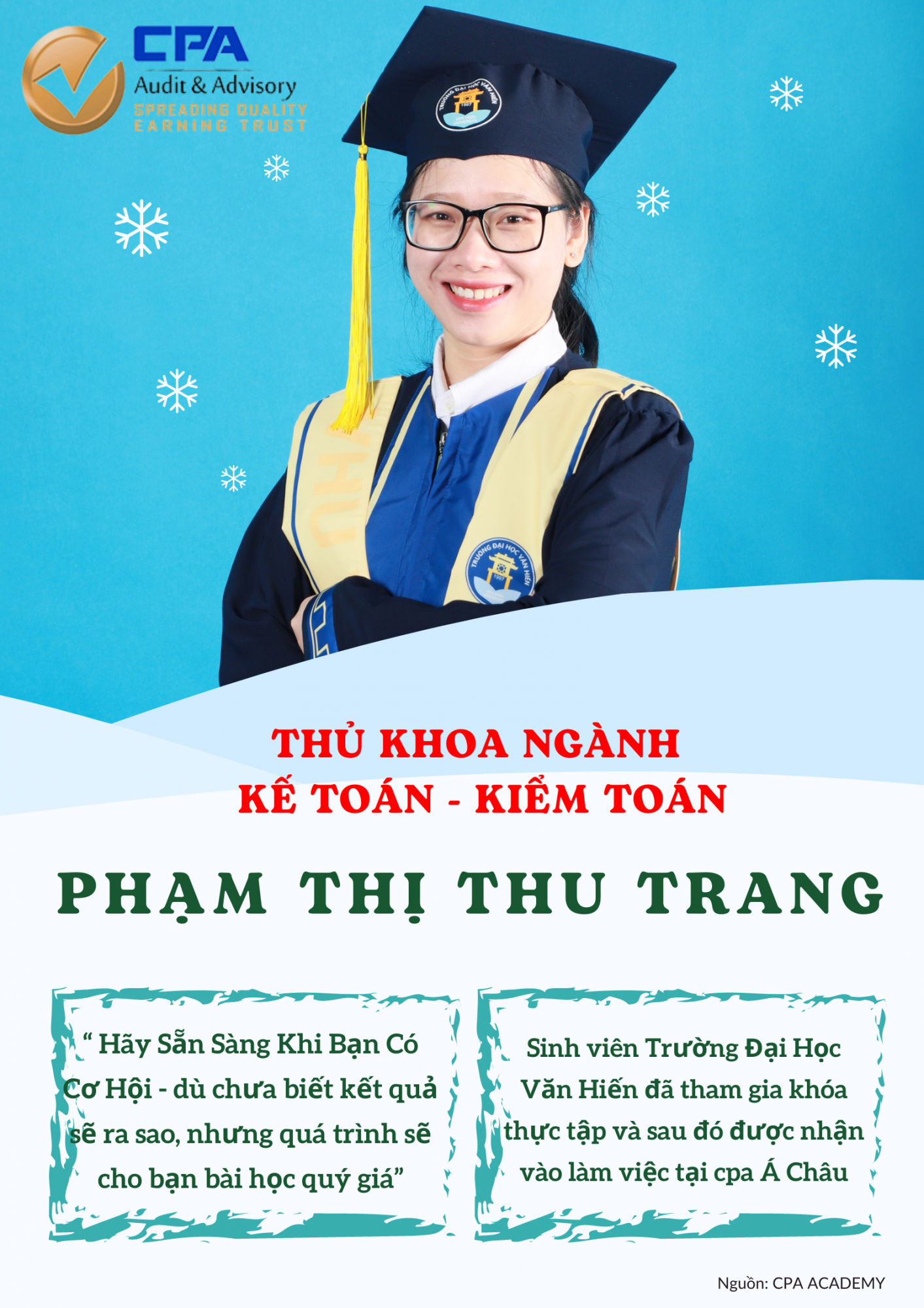 Phạm Thị Thu Trang – Thủ khoa ngành kế toán kiểm toán đang làm việc tại CPA