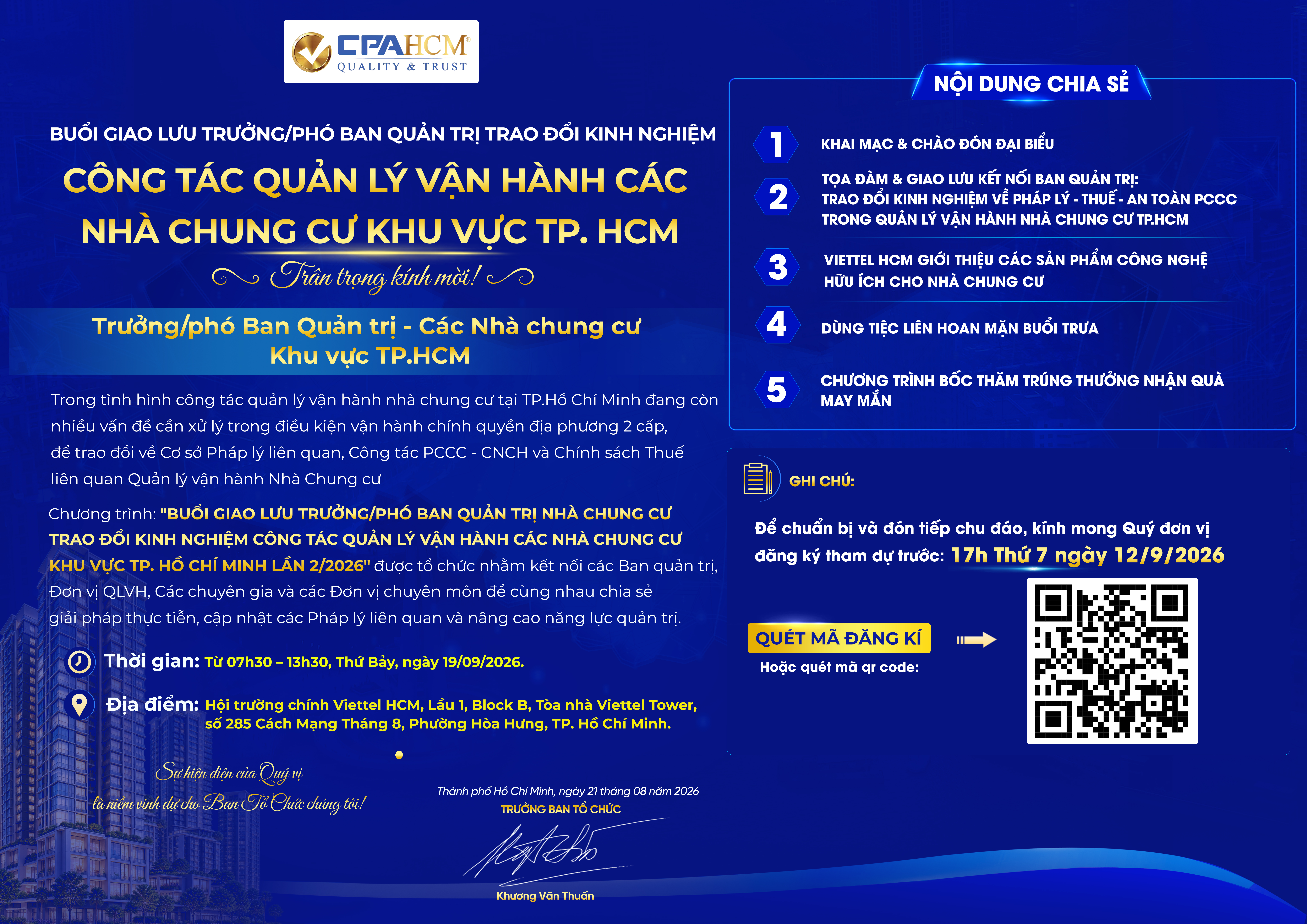 CPA HCM ĐỒNG HÀNH CÙNG CHƯƠNG TRÌNH GIAO LƯU & TRAO ĐỔI KINH NGHIỆM QUẢN LÝ VẬN HÀNH CÁC NHÀ CHUNG CƯ KHU VỰC TP.HCM LẦN 2/2026